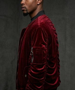 Velour Cinch Sleeve Bomber Jacket